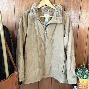 LL Bean Womens XL Beige‎ Goose Down Faux Suede Sherpa Collar Padded Jacket